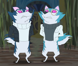 Size: 920x778 | Tagged: safe, artist:kapoku, billions, newton wolves, canid, mammal, wolf, adult, anthro, chibi, male, male/male, kipo and the age of wonderbeasts, digital, bottomless, clothing, duo, fang, fur, glasses, jacket, teeth