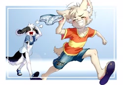 Size: 2048x1429 | Tagged: safe, artist:ffjjfci, oc:changle, oc:xiao hui, border collie, canid, cat, mammal, anthro, anthro/anthro, boy, boys only, cub, cubs only, male, males only, young, anger, black fur, blushing, briefs, duo, embarrassed, eyes closed, fur, running, smiling, underwear, white fur