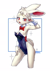 Size: 1448x2048 | Tagged: suggestive, artist:ffjjfci, oc:ai xiao, lagomorph, mammal, rabbit, anthro, boy, cub, male, solo boy, solo cub, solo male, young, colored, digital, fully shaded, 2021, bowtie, bulge, clothing, erection, erection under clothing, fur, kemono, kemoshota, looking at you, nipples, red eyes, solo, spandex, v sign, whiskers