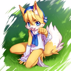 Size: 2048x2048 | Tagged: suggestive, artist:ffjjfci, fox, mammal, red fox, anthro, boy, male, solo boy, solo male, young, digital, blue eyes, blushing, fur, hat, looking at you, open mouth, solo, tongue out