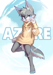 Size: 1448x2048 | Tagged: safe, artist:ffjjfci, canid, mammal, wolf, anthro, boy, cub, male, solo boy, solo cub, solo male, young, digital, blue eyes, bottomless, clothing, fur, gray fur, kemono, kemoshota, looking at you, oversized clothing, solo, sweater