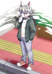 Size: 1448x2048 | Tagged: safe, artist:ffjjfci, canid, mammal, anthro, boy, cub, male, solo boy, solo cub, solo male, solo teen, teen, young, digital, cigarette, fully clothed, fur, heterochromia, kemono, kemoshota, smoking, solo, underage smoking, white fur, white hair