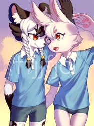 Size: 1532x2048 | Tagged: safe, artist:ffjjfci, oc:ai xiao, mammal, rabbit, anthro, anthro/anthro, cub, femboy, male, male/male, teen, young, digital, blushing, braided hair, duo, fur, kemono, kemoshota, romantic, white fur, white hair