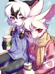 Size: 1524x2048 | Tagged: safe, artist:ffjjfci, oc:ai xiao, mammal, rabbit, anthro, anthro/anthro, boy, boys only, cub, cubs only, femboy, male, male/male, males only, young, digital, blushing, clothing, duo, fur, jacket, sweater, white fur