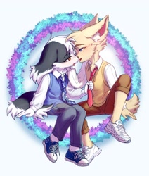 Size: 1736x2048 | Tagged: safe, artist:ffjjfci, anthro, anthro/anthro, boy, boys only, cub, cub/cub, cubs only, male, male/male, males only, young, digital, blushing, dress shirt, duo, fur, kemono, kemoshota, kissing, necktie, pants, shoes, sneakers, sweater vest
