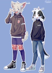 Size: 1448x2048 | Tagged: safe, artist:ffjjfci, oc:changle, oc:xiao hui, border collie, canid, cat, mammal, anthro, male, plantigrade, teen, teen/teen, young, young/young, baggy clothing, black fur, clothing, duo, embarrassed, fur, hoodie, jewelry, kemono, necklace, shoes, smiling, sneakers, sweater, v sign, white fur