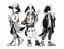 Size: 2048x1571 | Tagged: safe, artist:ffjjfci, oc:changle, border collie, canid, mammal, anthro, boy, male, solo boy, solo male, young, monochrome, sketch, traditional, ball cap, black fur, blushing, clothing, floppy ears, fur, hoodie, jacket, looking at you, mobile phone, multiple outfits, multiple poses, shoes, smiling, sneakers, socks, solo, white fur