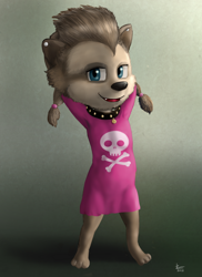 Size: 800x1100 | Tagged: safe, artist:zek lullaby, winnie werewolf, werewolf, wolf, anthro, cub, female, girl, solo cub, solo female, solo girl, young, digital, collar, dress, ear piercing, fur, looking at you, solo