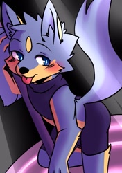 Size: 721x1024 | Tagged: safe, artist:saku1saya, oc:seiya, canid, dog, mammal, anthro, boy, cub, male, solo boy, solo cub, solo male, young, digital, blep, blushing, fur, kemono, kemoshota, pole dancing, solo, tongue out