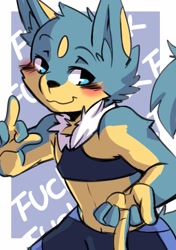 Size: 721x1024 | Tagged: safe, artist:saku1saya, oc:seiya, canid, dog, mammal, anthro, boy, cub, male, solo boy, solo cub, solo male, young, colored, digital, flat colored, fully shaded, blushing, double middle finger, flipping off, fur, gesture, kemono, kemoshota, looking at you, smiling, solo, spats