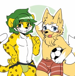 Size: 1014x1024 | Tagged: suggestive, artist:saku1saya, zabivaka, zakumi, canid, felid, leopard, mammal, wolf, anthro, boy, boys only, cub, cubs only, male, males only, young, fifa, mascot, colored, digital, flat colored, blep, blue eyes, blushing, boxer-briefs, clothing, duo, fur, jockstrap, kemono, looking at you, smiling, tongue out, topless