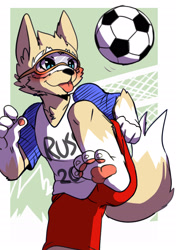 Size: 1748x2480 | Tagged: safe, artist:saku1saya, zabivaka, canid, mammal, wolf, anthro, boy, male, solo boy, solo male, young, fifa, mascot, digital, blep, blushing, fur, goggles, goggles over eyes, kemono, playing, shirt, shorts, soccer ball, solo, sports, tongue out
