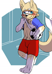 Size: 1748x2480 | Tagged: safe, artist:saku1saya, zabivaka, canid, mammal, wolf, anthro, boy, cub, male, solo boy, solo cub, solo male, young, fifa, mascot, digital, blue eyes, blushing, clothing, embarrassed, fur, goggles, goggles over eyes, kemono, kemoshota, looking at you, solo, sweat, undressing, undressing self