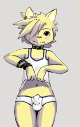 Size: 618x983 | Tagged: suggestive, artist:harmarist, lynx, anthro, boy, cub, male, solo boy, solo cub, solo male, young, colored, digital, fully shaded, blushing, briefs, collar, fur, looking at you, navel, solo, tank top, underwear