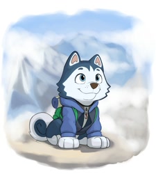 Size: 1800x2000 | Tagged: safe, artist:diacord st, fan character, dog, husky, ambiguous gender, cub, female, feral, girl, solo cub, solo female, solo girl, young, paw patrol, digital, 2020, backpack, coat, daytime, fur, outdoors, snow, solo