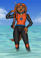 Size: 1900x2700 | Tagged: safe, artist:diacord st, zuma, labrador, anthro, boy, male, slender, solo boy, solo male, solo teen, teen, twink, young, paw patrol, alternate version, colored, digital, fully shaded, amber eyes, black fur, bulge, clothing, fur, latex, looking at you, scuba suit, solo, water
