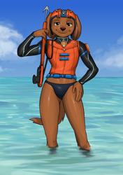 Size: 1900x2700 | Tagged: safe, artist:diacord st, zuma, canid, dog, labrador, mammal, anthro, boy, male, slender, solo boy, solo male, solo teen, teen, twink, young, paw patrol, alternate version, colored, digital, fully shaded, amber eyes, bikini bottom, black fur, brown fur, bulge, fur, latex, looking at you, scuba suit, solo, swimsuit, water
