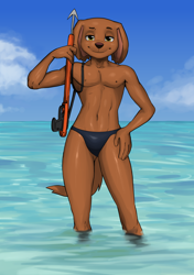 Size: 1900x2700 | Tagged: safe, artist:diacord st, zuma, canid, dog, labrador, mammal, anthro, boy, male, slender, solo boy, solo male, solo teen, teen, twink, young, paw patrol, colored, digital, fully shaded, bikini bottom, brown fur, clothing, cloud, daytime, fur, looking at you, navel, nipples, outdoors, pecs, solo, topless, water