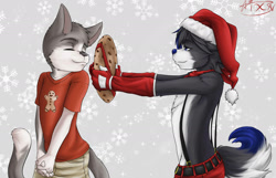Size: 1718x1106 | Tagged: safe, artist:aixen, oc:imer, oc:tei, canid, cat, dog, felid, mammal, anthro, anthro/anthro, boy, boys only, cub, cub/cub, cubs only, male, male/male, males only, young, christmas, colored, fully shaded, black fur, clothing, cookie, duo, fur, gloves, gray fur, pants, santa hat, shirt, snow, suspenders, topless, white fur, winter