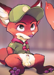 Size: 640x887 | Tagged: safe, artist:lando, nick wilde, canid, fox, mammal, anthro, boy, cub, cubs only, male, male/male, young, cub scouts, zootopia, colored, digital, fully shaded, balls, bottomless, canid penis, clothing, cub scout uniform, duo, erection, feral penis, fur, knot, nudity, off-screen character, pawpads, penis, precum, sheath, solo focus