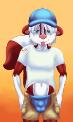 Size: 1200x2000 | Tagged: suggestive, artist:d&g emporium, oc:travis (travis181), mustelid, skunk, anthro, boy, male, muscular, slender, solo boy, solo male, solo teen, teen, twink, young, alternate version, colored, digital, fully shaded, ball cap, bulge, clothing, fur, hat, red fur, solo, underwear, undressing, undressing self, white fur, white hair