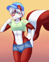 Size: 2000x2500 | Tagged: suggestive, artist:d&g emporium, oc:travis (travis181), mustelid, skunk, anthro, boy, cub, male, slender, solo boy, solo cub, solo male, solo teen, teen, twink, young, colored, digital, fully shaded, ball cap, balls, clothing, erection, fur, green eyes, hat, looking at you, navel, penis, red fur, shorts, solo, tank top, white fur, white hair