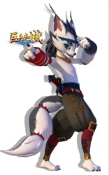 Size: 736x1176 | Tagged: safe, official art, seya wolf, canid, mammal, wolf, anthro, boy, cub, male, plantigrade, solo boy, solo cub, solo male, solo teen, teen, young, the great warrior wall, 3d render, clothing, fur, solo, tail, topless, white fur