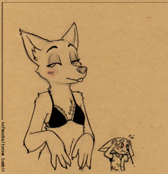 Size: 1239x1280 | Tagged: safe, artist:cobalt snow, finnick, nick wilde, canid, fennec, fox, mammal, red fox, adult, anthro, boy, male, solo boy, solo male, young, zootopia, sketch, traditional, 2017, blep, blushing, bra, claws, clothing, crossdressing, fur, lingerie, nose bleed, solo, solo focus, tongue out, underwear