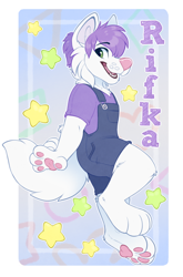 Size: 776x1174 | Tagged: safe, artist:applepup, oc:rifka, arctic fox, canid, fox, mammal, anthro, boy, cub, male, plantigrade, solo boy, solo cub, solo male, young, colored, digital, flat colored, 2019, clothing, fur, green eyes, looking at you, overalls, pawpads, paws, pink hair, solo, white fur