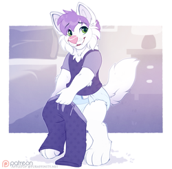 Size: 1169x1146 | Tagged: safe, artist:applepup, oc:rifka, arctic fox, canid, fox, mammal, anthro, boy, cub, male, solo boy, solo cub, solo male, young, colored, digital, flat colored, baby, clothing, diaper, fang, fur, getting dressed, green eyes, pajamas, pink hair, pink nose, sleepwear, solo, teeth, white fur