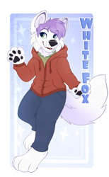 Size: 812x1318 | Tagged: safe, artist:applepup, oc:rifka, arctic fox, canid, fox, mammal, anthro, boy, cub, male, solo boy, solo cub, solo male, young, colored, digital, flat colored, clothing, digitigrade, fang, fur, hair, hoodie, jeans, pawpads, paws, pink hair, smiling, solo, teeth, white fur