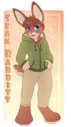 Size: 738x1318 | Tagged: safe, artist:applepup, oc:sean rabbit, lagomorph, mammal, rabbit, anthro, boy, cub, male, solo boy, solo cub, solo male, young, colored, digital, flat colored, blue eyes, brown fur, brown hair, clothing, digitigrade, fang, fur, hair, hoodie, jeans, pawpads, paws, smiling, solo, teeth