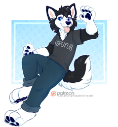 Size: 1049x1127 | Tagged: safe, artist:applepup, canid, mammal, anthro, boy, cub, male, solo boy, solo cub, solo male, solo teen, teen, young, colored, digital, flat colored, 2019, blep, blue eyes, clothing, digitigrade, fur, pawpads, paws, solo, tail, tongue out