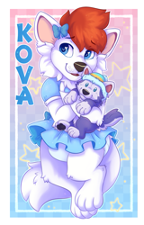 Size: 785x1229 | Tagged: safe, artist:applepup, oc:kova wolf, canid, mammal, wolf, anthro, boy, cub, femboy, male, solo boy, solo cub, solo male, young, colored, digital, fully shaded, baby, blue eyes, bow, crossdressing, diaper, digitigrade, dress, fur, hair, plushie, red hair, solo