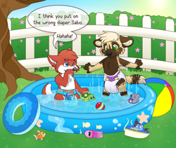 Size: 1280x1080 | Tagged: safe, artist:mochipup, oc:kody (aerospacerocks840), oc:salvo (aerospacerocks840), african wild dog, canid, mammal, anthro, boy, boys only, cub, cubs only, male, males only, young, colored, digital, fully shaded, 2019, blushing, bottomless, clothing, dialogue, diaper, duo, english text, fur, hair, kiddie pool, laughing, outdoors, smiling, topless, water