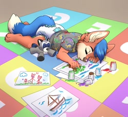 Size: 1280x1172 | Tagged: safe, artist:wen, oc:babytot13, canid, mammal, wolf, anthro, boy, cub, male, solo boy, solo cub, solo male, young, colored, fully shaded, bottomless, clothing, drooling, fur, hair, indoors, solo, tail
