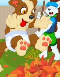Size: 6600x8400 | Tagged: safe, artist:arcc, oc:snowy, oc:toby softpaw, anthro, boy, boys only, cub, cub focus, male, males only, plantigrade, teen, teen/cub, young, clothing, daytime, diaper, duo, fang, fur, hoodie, outdoors, pawpads, paws, solo focus, teeth, tongue out, topless