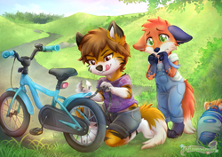 Size: 3507x2480 | Tagged: safe, artist:tokemoemon, oc:seamonstah, oc:todeskiddy, big cat, canid, felid, fox, hybrid, mammal, red fox, tiger, anthro, boy, boys only, cub, cubs only, male, males only, plantigrade, young, 2022, backpack, bicycle, duo, fur, green eyes, overalls, tears