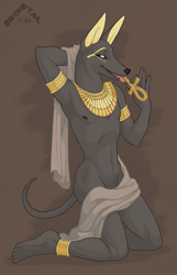 Size: 1118x1735 | Tagged: suggestive, artist:broke tail, anubis, canid, jackal, mammal, anthro, boy, male, plantigrade, slender, solo boy, solo male, solo teen, teen, twink, young, mythology, ai enhanced, colored, digital, fully shaded, 2004, black fur, fur, licking, nipples, solo