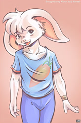 Size: 1329x2031 | Tagged: safe, artist:battle angel, oc:snugglebunny aloron, lagomorph, mammal, rabbit, anthro, boy, cub, male, solo boy, solo cub, solo male, young, ai enhanced, colored, digital, fully shaded, clothing, fur, open mouth, pants, smiling, solo, white fur