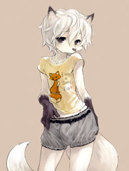 Size: 600x800 | Tagged: suggestive, artist:cotora, arctic fox, canid, fox, mammal, anthro, boy, cub, male, solo boy, solo cub, solo male, young, colored, digital, fully shaded, black fur, bulge, clothing, fingers, fur, looking at you, shirt, shorts, shy, solo, tail, undressing, undressing self, white fur, white hair
