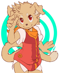 Size: 891x1091 | Tagged: safe, artist:darkeshi, oc:aj, canid, cat, dog, felid, mammal, anthro, boy, cub, male, solo boy, solo cub, solo male, young, colored, digital, flat colored, bottomless, clothing, fingers, floppy ear, fur, looking at you, red eyes, solo