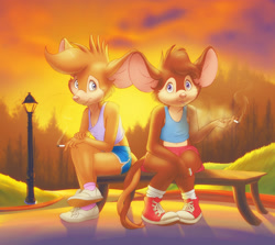 Size: 1990x1775 | Tagged: safe, artist:kammy kay, mammal, mouse, rodent, anthro, anthro/anthro, boy, boys only, cub, cubs only, male, male/male, males only, plantigrade, slender, twink, young, colored, digital, fully shaded, cigarette, clothing, duo, fur, outdoors, shoes, smoking, sneakers, socks, sunset, tank top, underage smoking