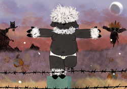 Size: 2388x1668 | Tagged: suggestive, artist:fwucky, bovid, mammal, sheep, boy, chubby, cub, fat, male, young, halloween, holiday, digital, clothing, nighttime, outdoors, solo, underwear, wool