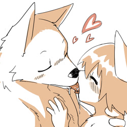 Size: 1024x1024 | Tagged: safe, artist:marimo manmosu, canid, cat, felid, mammal, wolf, adult, adult/cub, adult/young, anthro, anthro/anthro, boy, cub, male, male/male, man, man/boy, young, series:shota feline and white canine, age difference, blushing, clothing, dripping, drooling, duo, eyes closed, french kissing, heart, hug, kemono, kemoshota, kissing, saliva, tongue, tongue out, topless