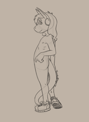 Size: 1709x2346 | Tagged: suggestive, artist:twisteddragon, oc:skip (twisteddragon), dragon, human, mythological creature, boy, cub, male, young, casual nudity, ear piercing, earring, long hair, looking back, nudism, nudity, shoes, shotacon, sneakers, solo