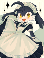 Size: 1620x2160 | Tagged: safe, artist:kuro, klonoa, cat, felid, hybrid, lagomorph, mammal, rabbit, anthro, boy, cub, femboy, male, solo boy, solo cub, solo male, young, klonoa series, black fur, fur, kemono, kemoshota, long ears, maid outfit, solo, white fur