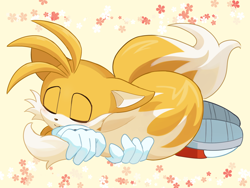 Size: 2160x1620 | Tagged: safe, artist:kuro, miles prower, canid, fox, kitsune, mammal, anthro, boy, cub, male, solo boy, solo cub, solo male, young, sonic series, dipstick tail, eyes closed, fur, gloves, kemono, kemoshota, shoes, sleeping, solo, tail, white fur, yellow fur