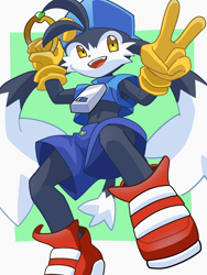 Size: 1620x2160 | Tagged: safe, artist:kuro, klonoa, cat, hybrid, mammal, rabbit, anthro, boy, cub, male, solo boy, solo cub, solo male, young, klonoa series, black fur, clothing, fur, gloves, hat, kemono, kemoshota, long ears, midriff, oversized zipper, shoes, shorts, solo, white fur
