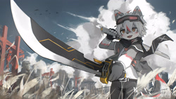 Size: 3840x2160 | Tagged: safe, artist:mag inu, canid, mammal, boy, cub, male, solo boy, solo cub, solo male, young, fur, goggles, goggles on head, gray fur, hair, kemono, kemoshota, solo, sword, weapon, white fur